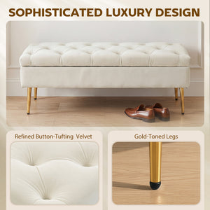 Tufted bedroom bench with gold metal legs and thick padding, beige