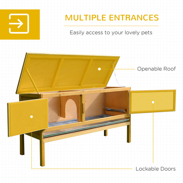 Wooden hutch with pull-out tray and opening roof