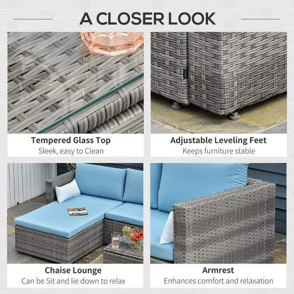 3-Piece Patio Furniture Set Modern Sectional Sofa Rattan Chair Wicker Conversation Set Outdoor Hand Woven Rattan Wicker Furniture Patio Coffee Table Sofa Set, Blue