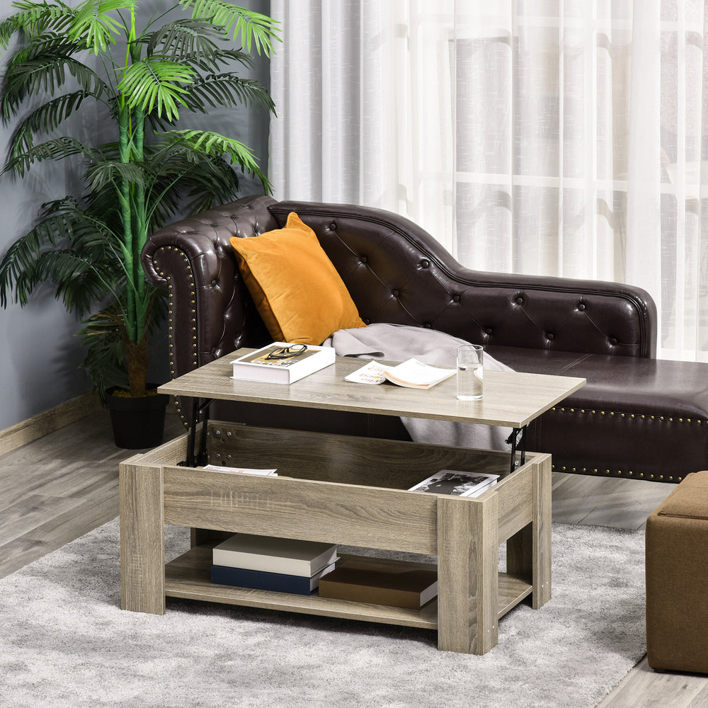 Lift-top coffee table with hidden storage compartment and open shelf, gray