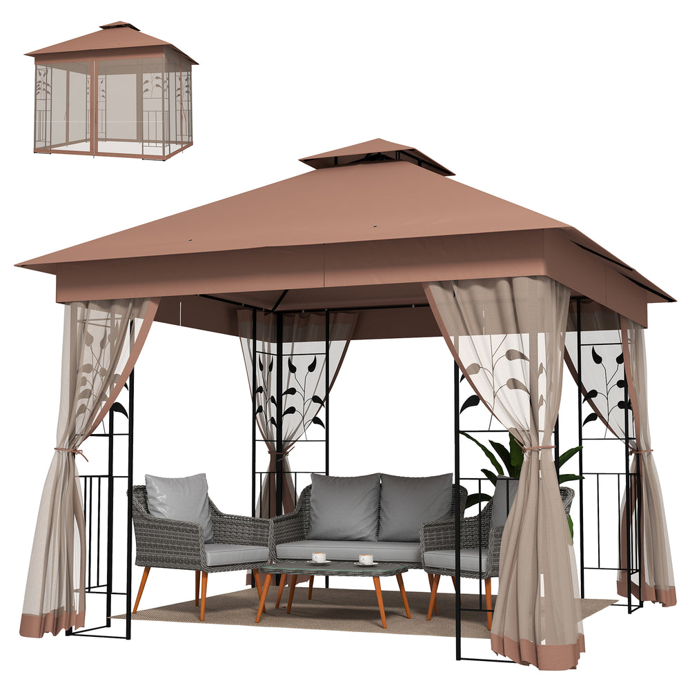 10'x10' garden shed with soft steel roof, double layer of polyester and curtain side walls, dark brown