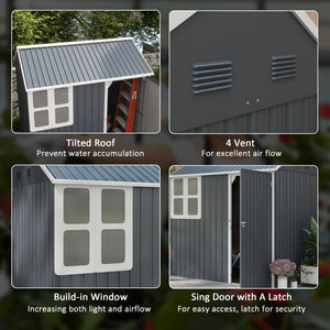 Metal garden shed with lockable door, ventilation, sloping roof, dark grey