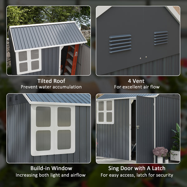 Metal garden shed with lockable door, ventilation, sloping roof, dark grey