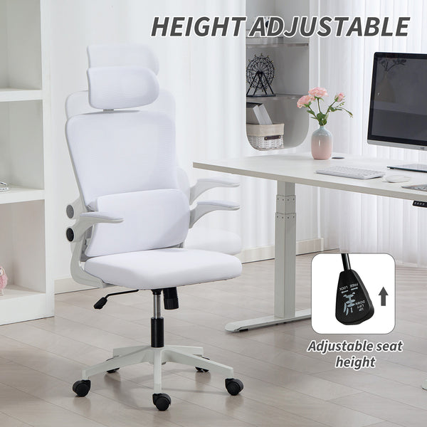 High-back mesh office chair with swivel headrest, cream white