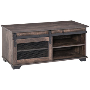 Country style coffee table with sliding mesh door, dark brown