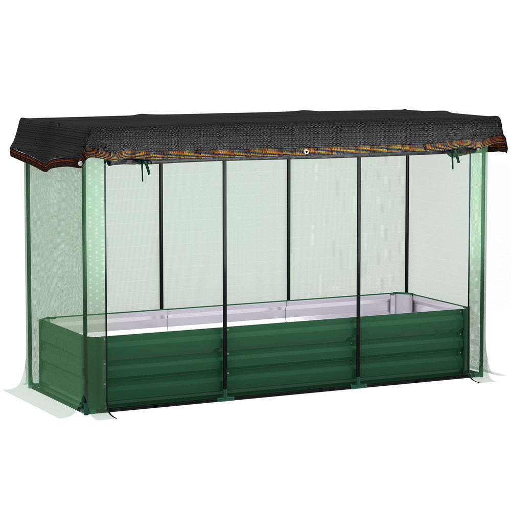 Galvanized steel planter with grow cage and shade cloth for flowers, vegetables and herbs