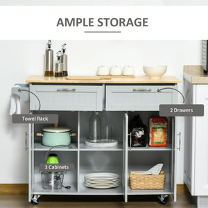 Rolling kitchen island with 2 storage drawers, 3 cupboards with doors and towel rail - Grey