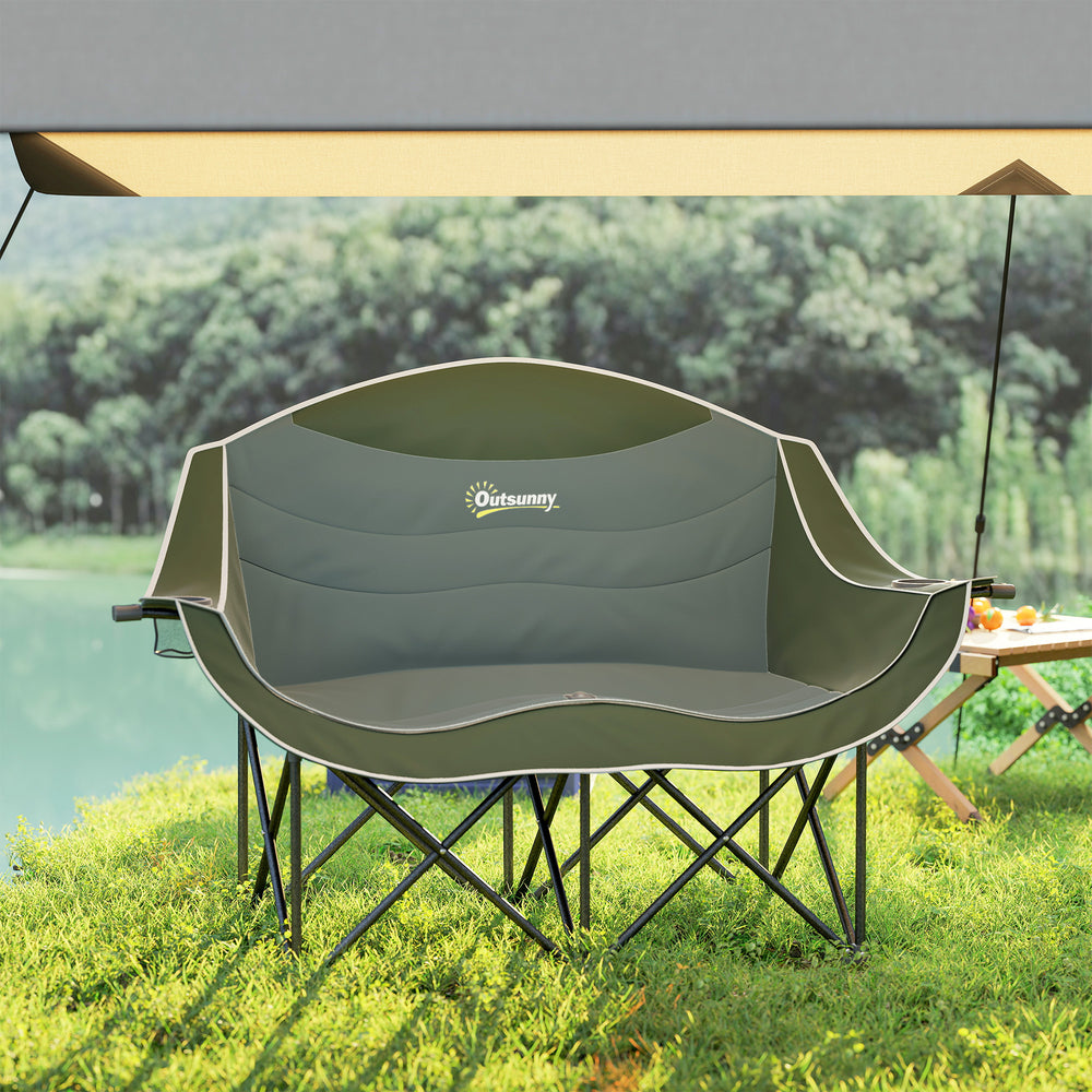 Portable Double Camping Chair with Cup Holders and Carry Bag, Supports up to 250 kg, Dark Green