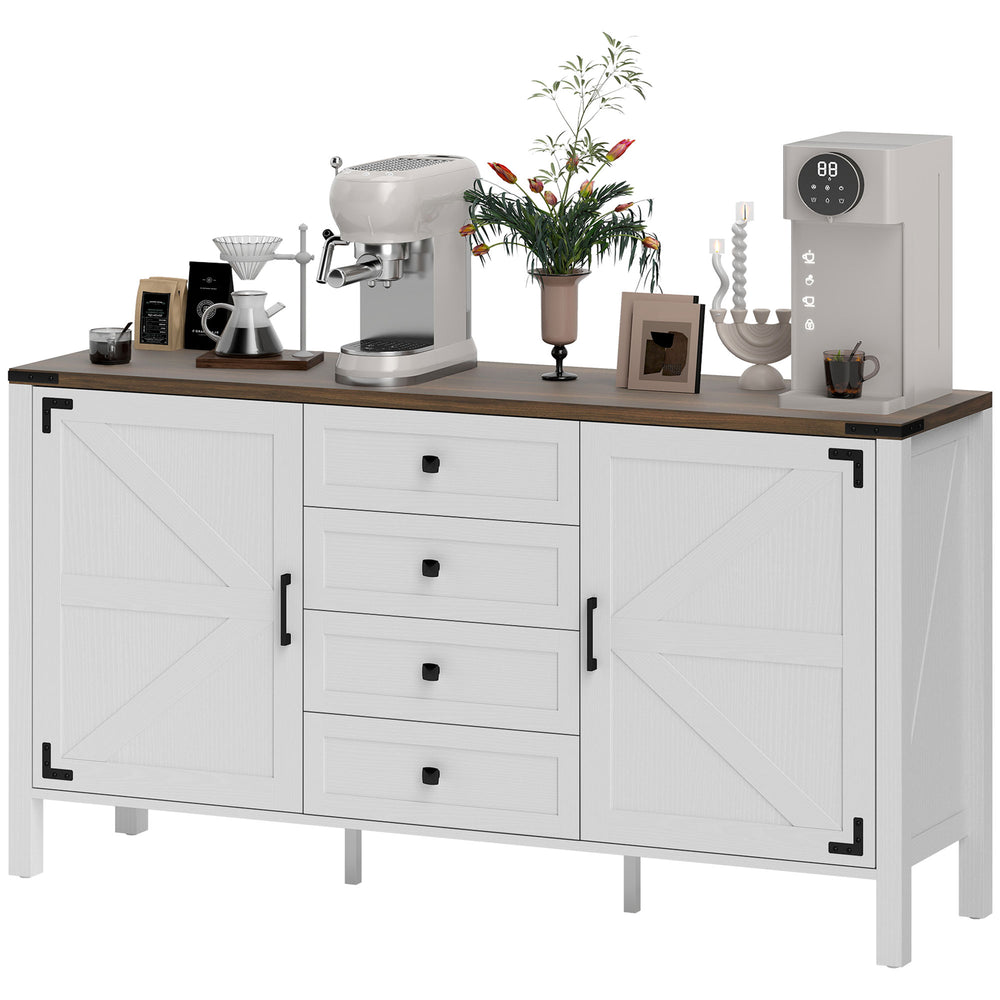 Country style sideboard with thick top, 2 barn doors, 4 drawers and 2 adjustable shelves, white