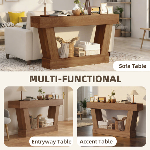 Vintage console table with open shelf for living room, dark brown