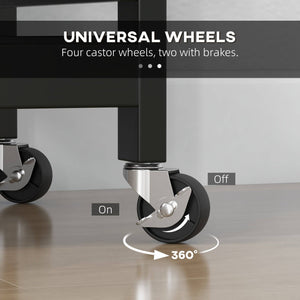 Kitchen trolley on wheels, kitchen island with wooden top, 3 drawers and shelves for dining room, black