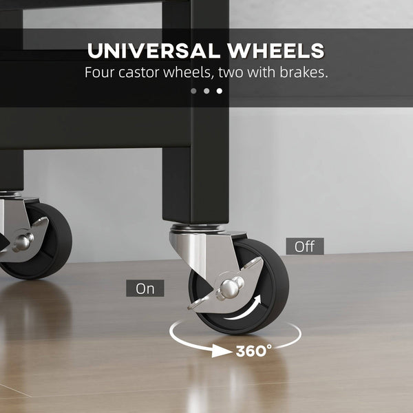 Kitchen trolley on wheels, kitchen island with wooden top, 3 drawers and shelves for dining room, black