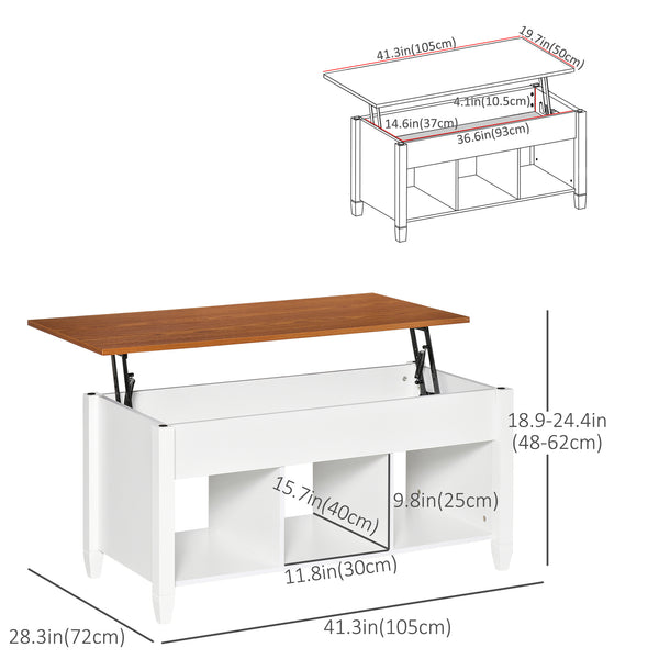 Lift-top coffee table with hidden storage compartment, white and brown