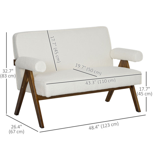 2 seater sofa in Boucle fabric with thick padding and wooden legs, cream white