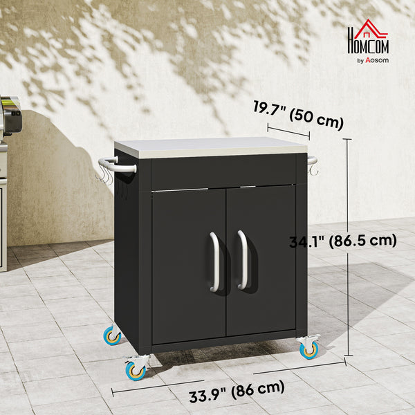 Outdoor Grill Cart with Stainless Steel Top, Pizza Oven Table with Wheels Hooks Cabinet Handles,  Black
