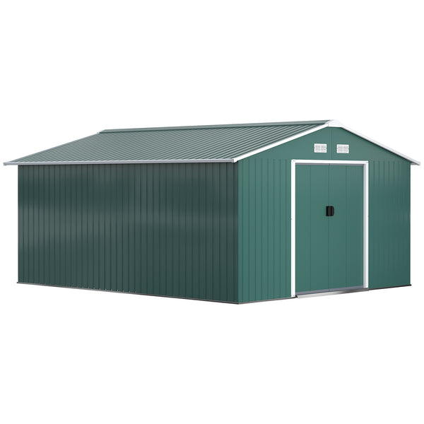 Practical garden shed with 4 ventilation openings and double sliding doors, green