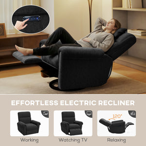 Electric reclining chair, fabric upholstery, USB ports, swivel and rocking function, footrest, black