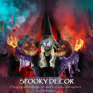 Life-size animated hanging witch for Halloween with light-up LED eyes,