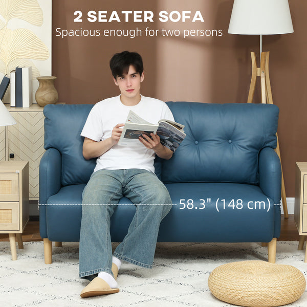 Modern 2-seater sofa, upholstered, solid wood frame, navy blue