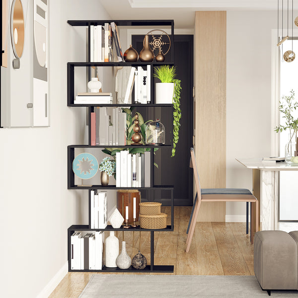 S-shaped wooden bookcase with 6 shelves, black