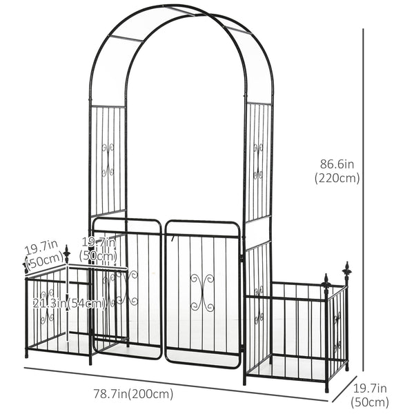Metal garden arch with gate and 2 side planters