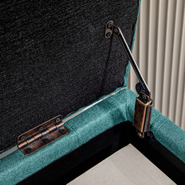 Linen fabric storage pouf with button tufting, green