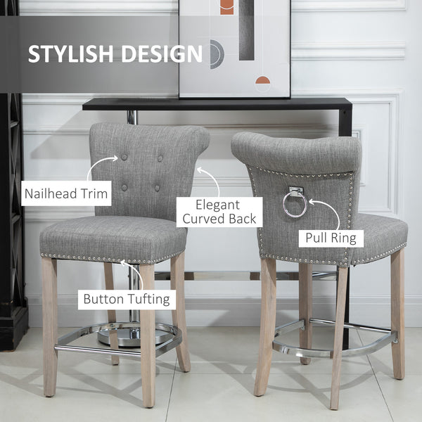 Set of 2 padded bar stools with tufted backrest, grey