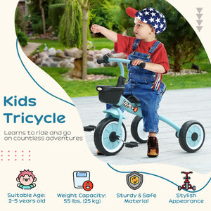 Tricycle with adjustable seat, basket, bell, blue