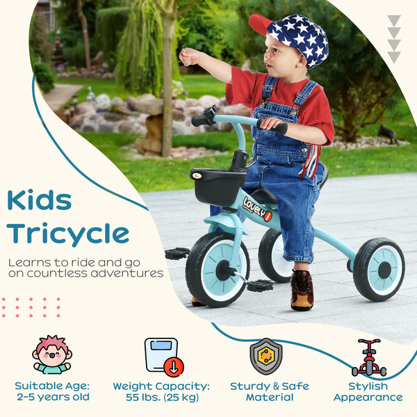 Tricycle with adjustable seat, basket, bell, blue