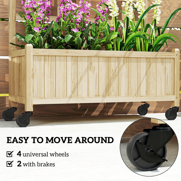 Wooden planter with trellis on wheels