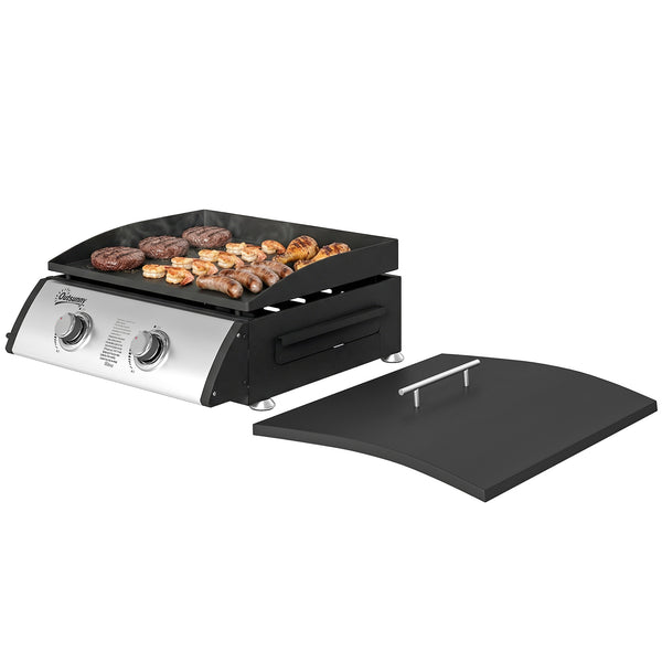 2-burner liquid propane gas barbecue, portable and tabletop, ideal for camping and picnics, silver.