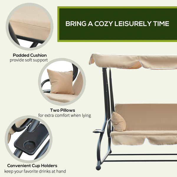 3-seater outdoor swing, convertible into a bed, removable cushions and cup holder, beige