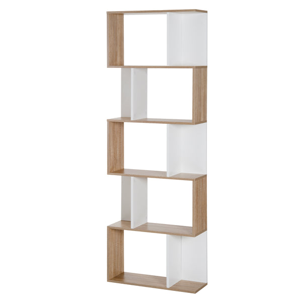 5-Tier Geometric Bookcase with Divider, White