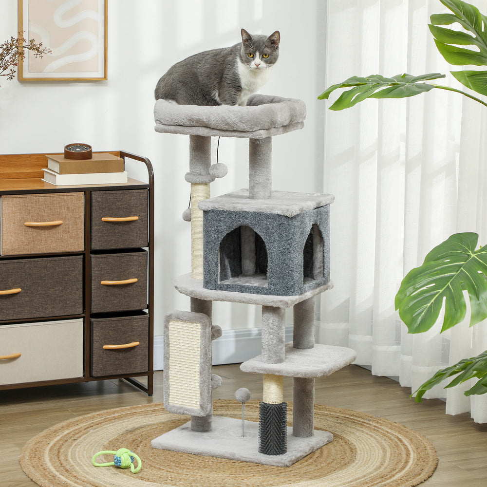 104 cm cat tree with scratching posts, basket, niche, grooming brush