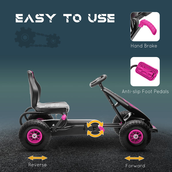 Pedal Go-Kart with Adjustable Seat, Shock-Absorbing Rubber Wheels, Pink