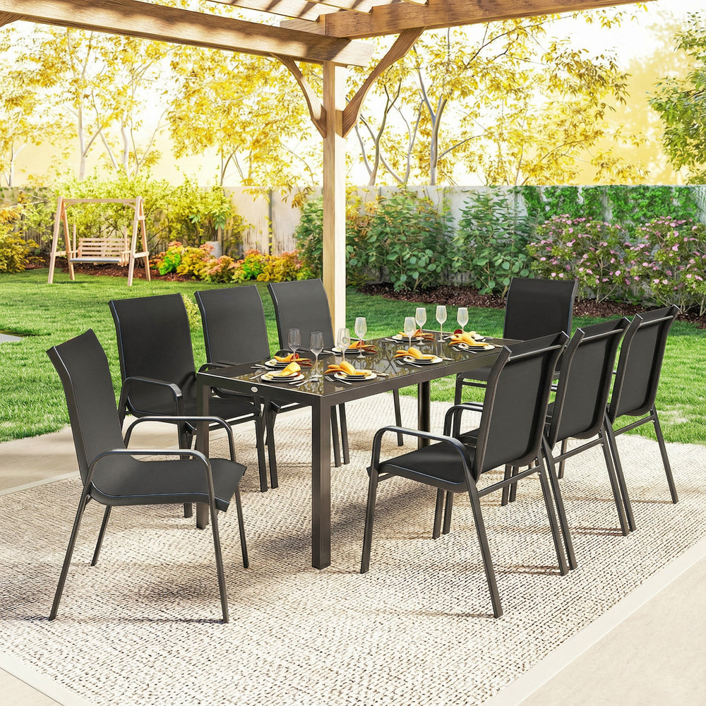 9-piece patio set, stackable chairs with glass tops for garden, terrace, yard, black