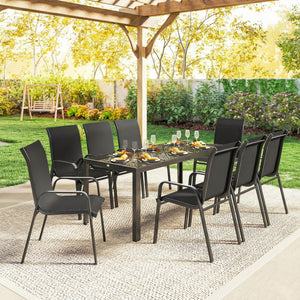 9-piece patio set, stackable chairs with glass tops for garden, terrace, yard, black