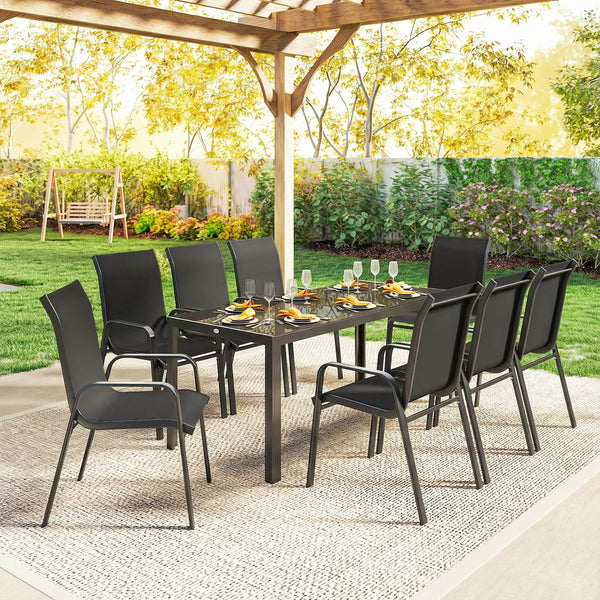 9-piece patio set, stackable chairs with glass tops for garden, terrace, yard, black