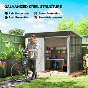 Galvanized steel garden shed with window, wide lockable doors and ventilation, grey