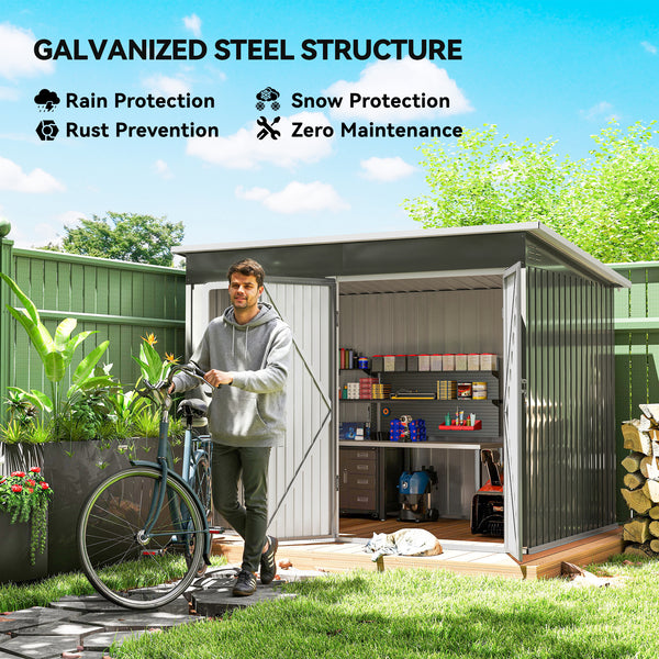 Galvanized steel garden shed with window, wide lockable doors and ventilation, grey
