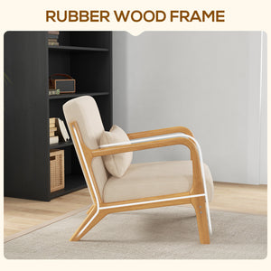 Fabric lounge chair with wooden legs and thick padding, beige