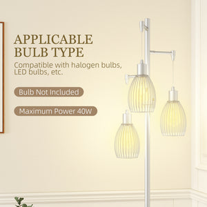 Industrial floor lamp with 3 hanging lampshades, silver