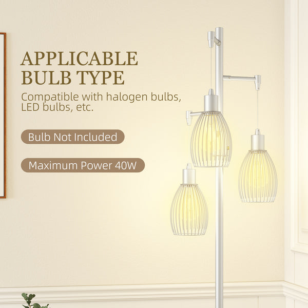 Industrial floor lamp with 3 hanging lampshades, silver