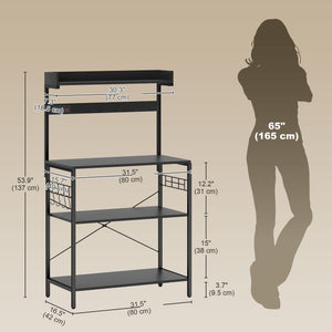 Kitchen shelf with electrical outlet, coffee corner with adjustable shelves and hooks, aged black