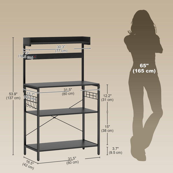 Kitchen shelf with electrical outlet, coffee corner with adjustable shelves and hooks, aged black