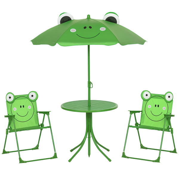 Kids Folding Picnic Table and Chair Set Pattern Outdoor Garden Patio Backyard with Removable & Height Adjustable Sun Umbrella Green