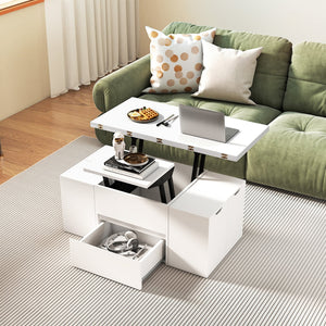 3-in-1 extendable coffee table with 4 storage stools and hidden compartment for 4 to 8 people - White