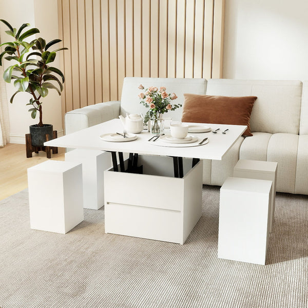 3-in-1 extendable coffee table with 4 storage stools and hidden compartment for 4 to 8 people - White