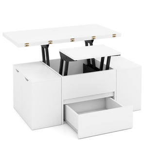3-in-1 extendable coffee table with 4 storage stools and hidden compartment for 4 to 8 people - White