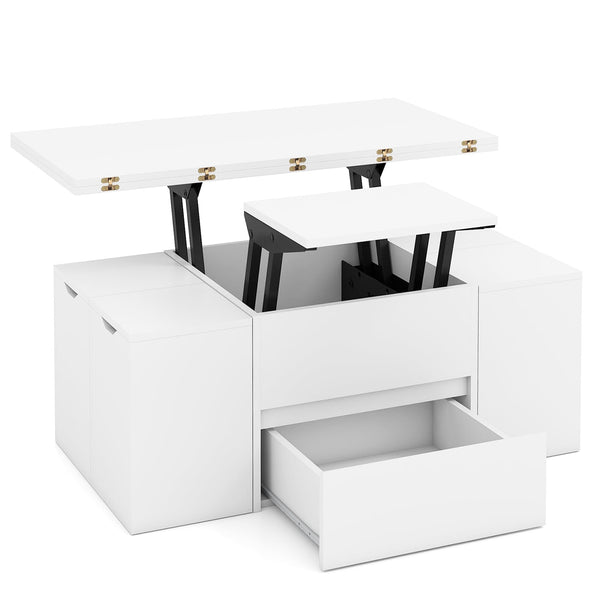 3-in-1 extendable coffee table with 4 storage stools and hidden compartment for 4 to 8 people - White